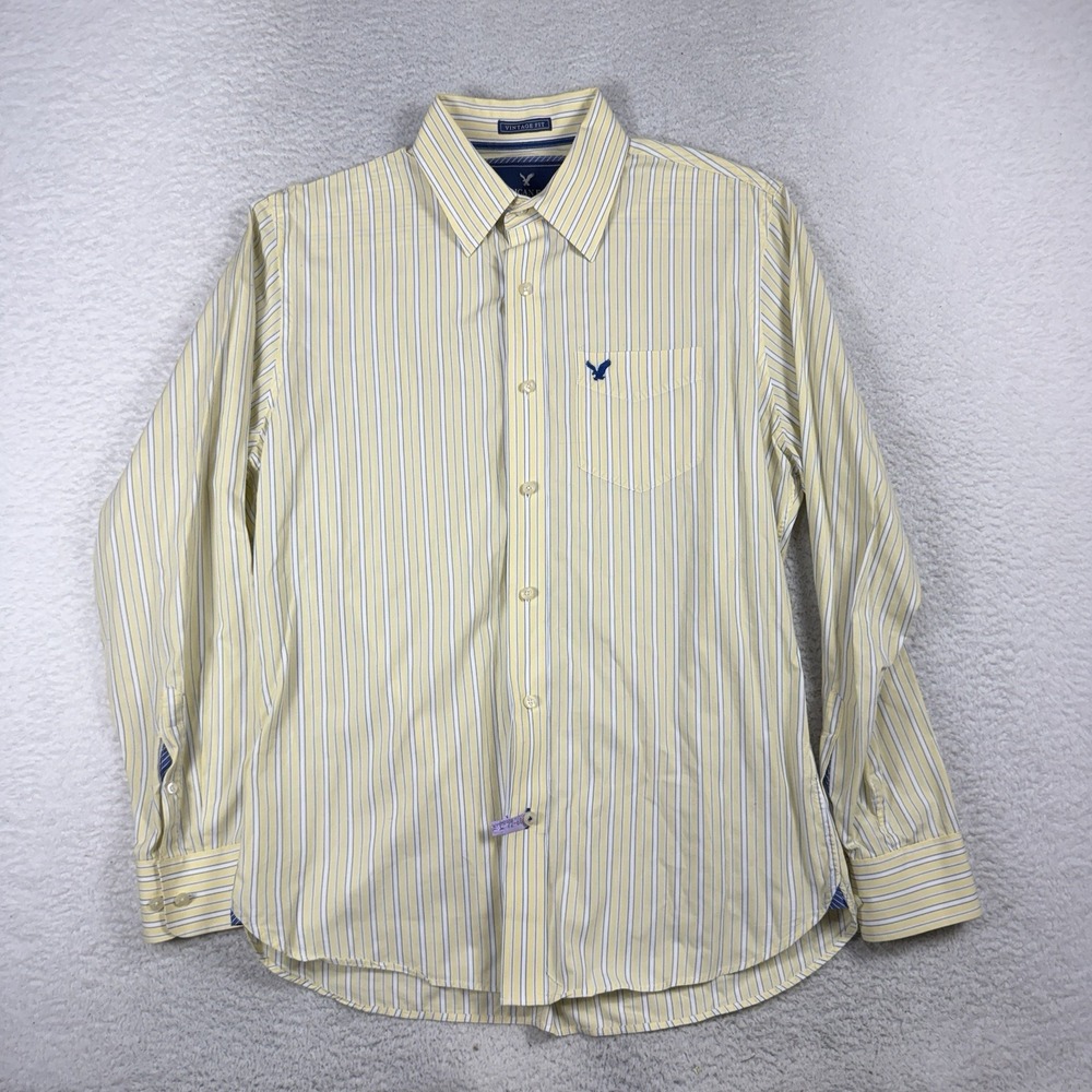 American Eagle Dress Shirt Mens Large Yellow Blue Long Sleeve Vintage Fit Pocket